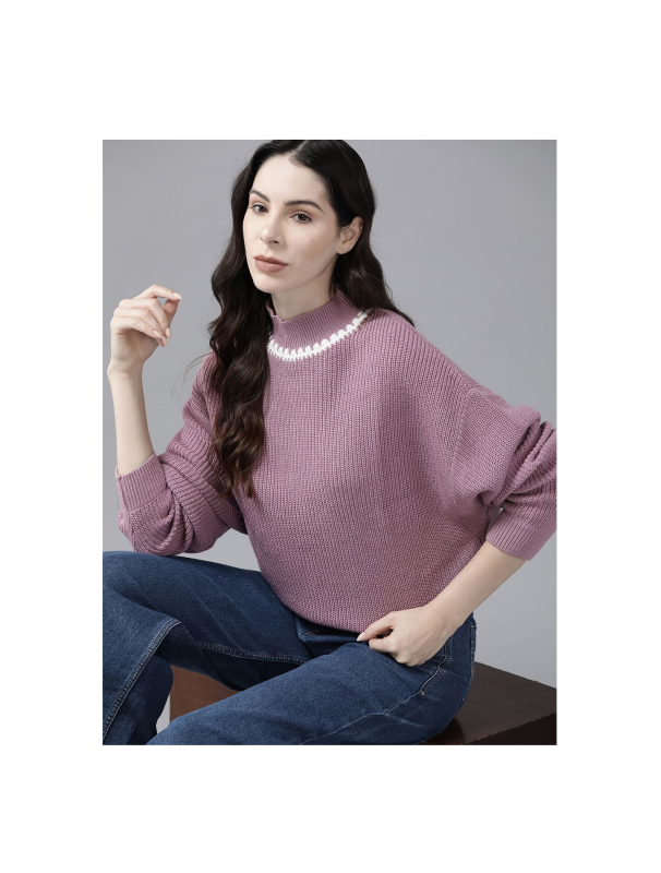 The Lifestyle Co. Drop-Shoulder Knitted Pullover with Embroidered Detail