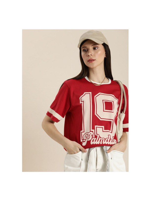 Women Red & Beige Typography Printed Pure Cotton Loose T-shirt