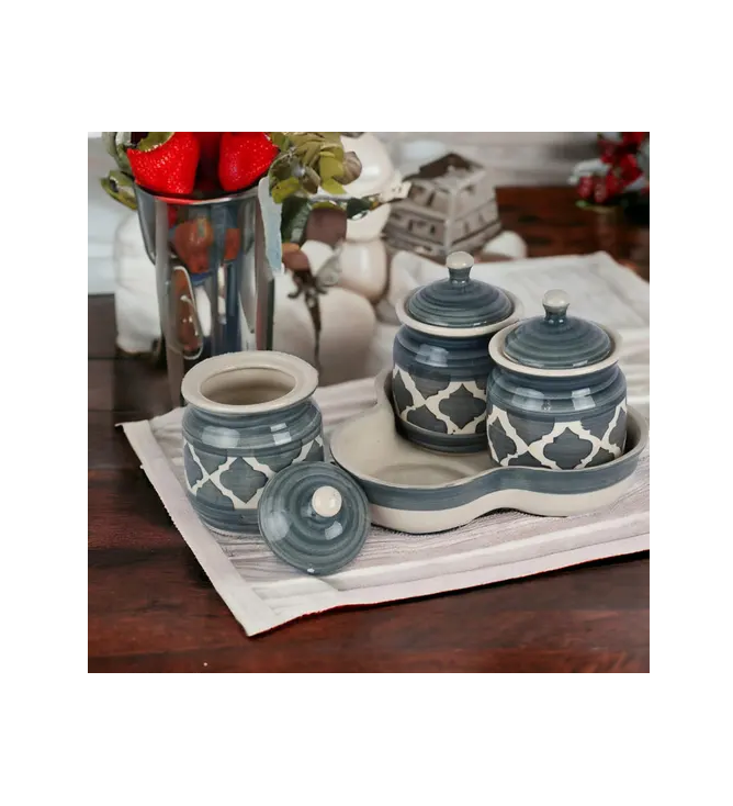 Ceramic Jars with Lid and Holding Tray Multipurpose Barni for Chutney, Pickle jar Storage Container, Dining Table Container Set (Pack of 3, Gray chidi)