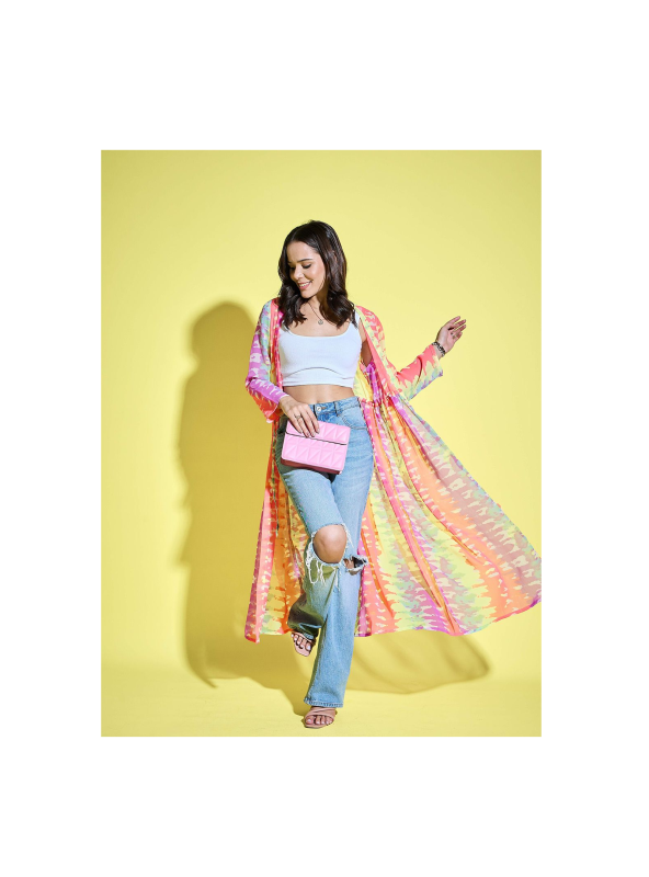Women Printed Longline Tie-Up Shrug